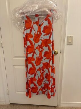Ann Taylor Light Blue Dress with Bold Orange Floral Print